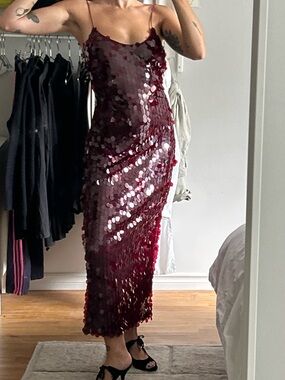 Sequin Slip Midi Dress in Deep Burgundy